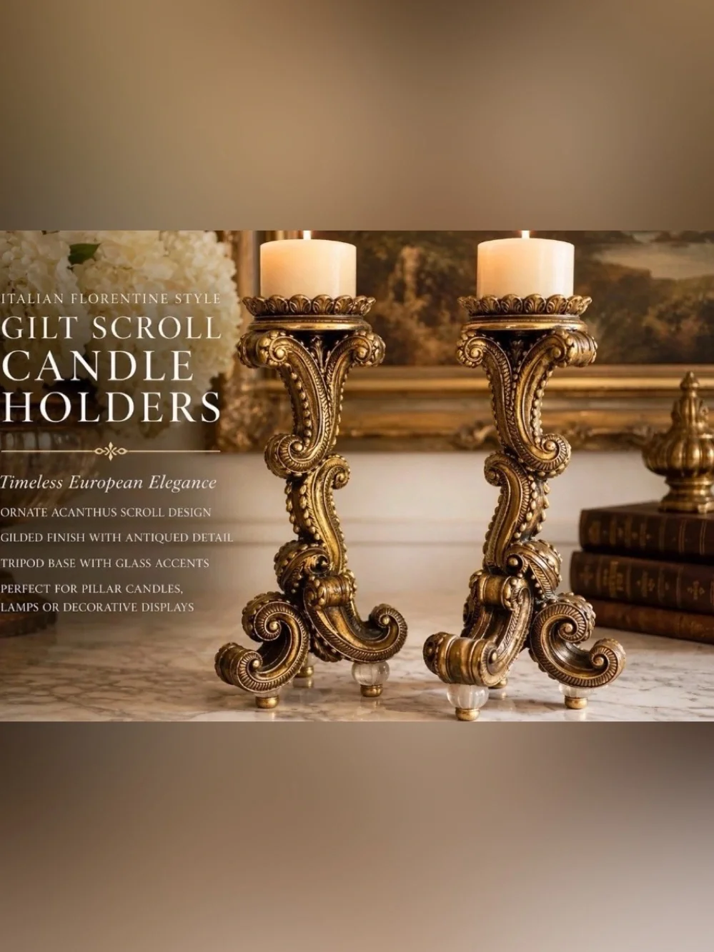 Vintage Italian Florentine Gilt Candle Holders Heavy Pair Regency Acanthus Scrol